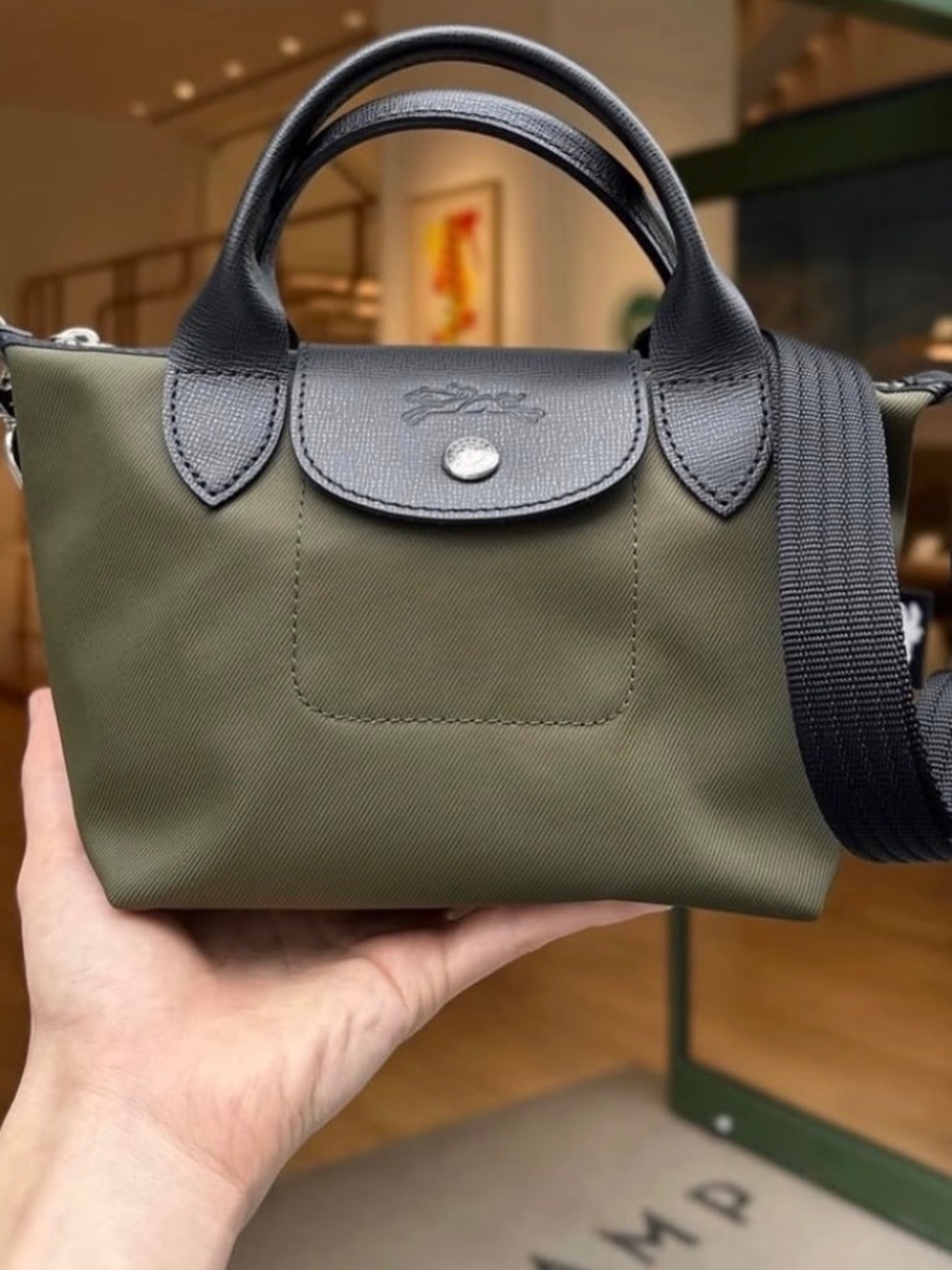Longchamp Mini Bag in Olive Green with Black Trim